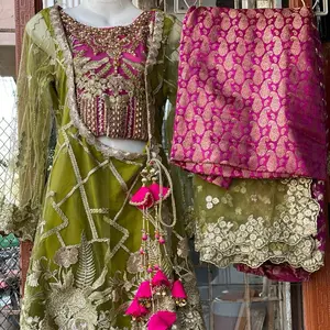 Imrozia Pakistani Designer Wear Green & Pink Embroidered Lehenga with Matching Dupatta for Women's Fashion Womenswear Mehdhi Sangeet