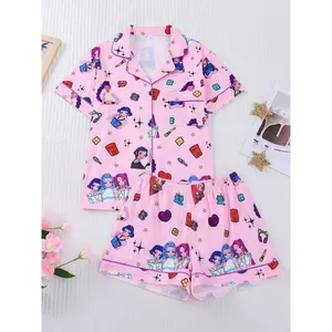 Girls 2pcs Pajama Set Girl Group Style Printed Summer Short Sleeve Button Up Shirt Soft Shorts Flame Retardant Breathable Trendy Children's Sleepwear Birthday Holiday Gift