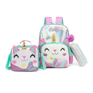 Back to School Gifts: Girls 3pcs Caticorn Backpack Set | Holographic Reflective School Bag, Lunch Bag & Pencil Case | Ergonomic Lightweight Bookbag for Girls Kids