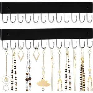 Hanging  Organizer, 2 Pack Black Necklace Holder for Wall Wooden Necklace Organizers Hangers Wall Mount with 24 Hooks  Display Hanger for Necklaces, Bracelets, Earrings,