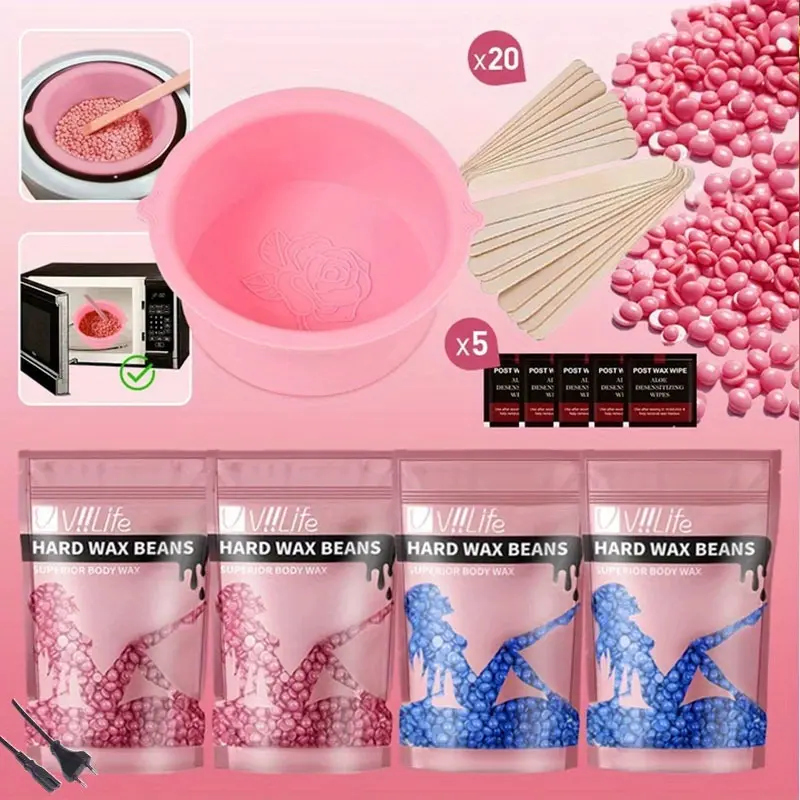 Wax Bean Hair Removal Kit, Hypoallergenic Hard Wax Beads, Depilatory Wax for Body, Face, Brazilian & Bikini, Home Waxing, Long-Lasting Smooth Results