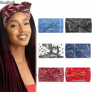 Knotted Bunny Paisley Print Bow Ear Headbands, Elastic Yoga Sports Sweatbands, Absorbent Non-Slip Hair Wraps for Women, 6 Pack
