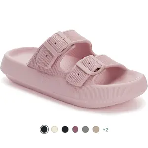 Slides for Women Men Double Buckle Adjustable Thick Sole Pillow Slippers Bathroom Sandals