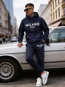 Men's Dark Blue Lightweight Cotton Hoodie & Sweatpants Set, 2026 Spring New Style, Simple & Fashion Men's Long Sleeve Tracksuit, Suitable for Street, Outdoor, Dating and Gift Giving