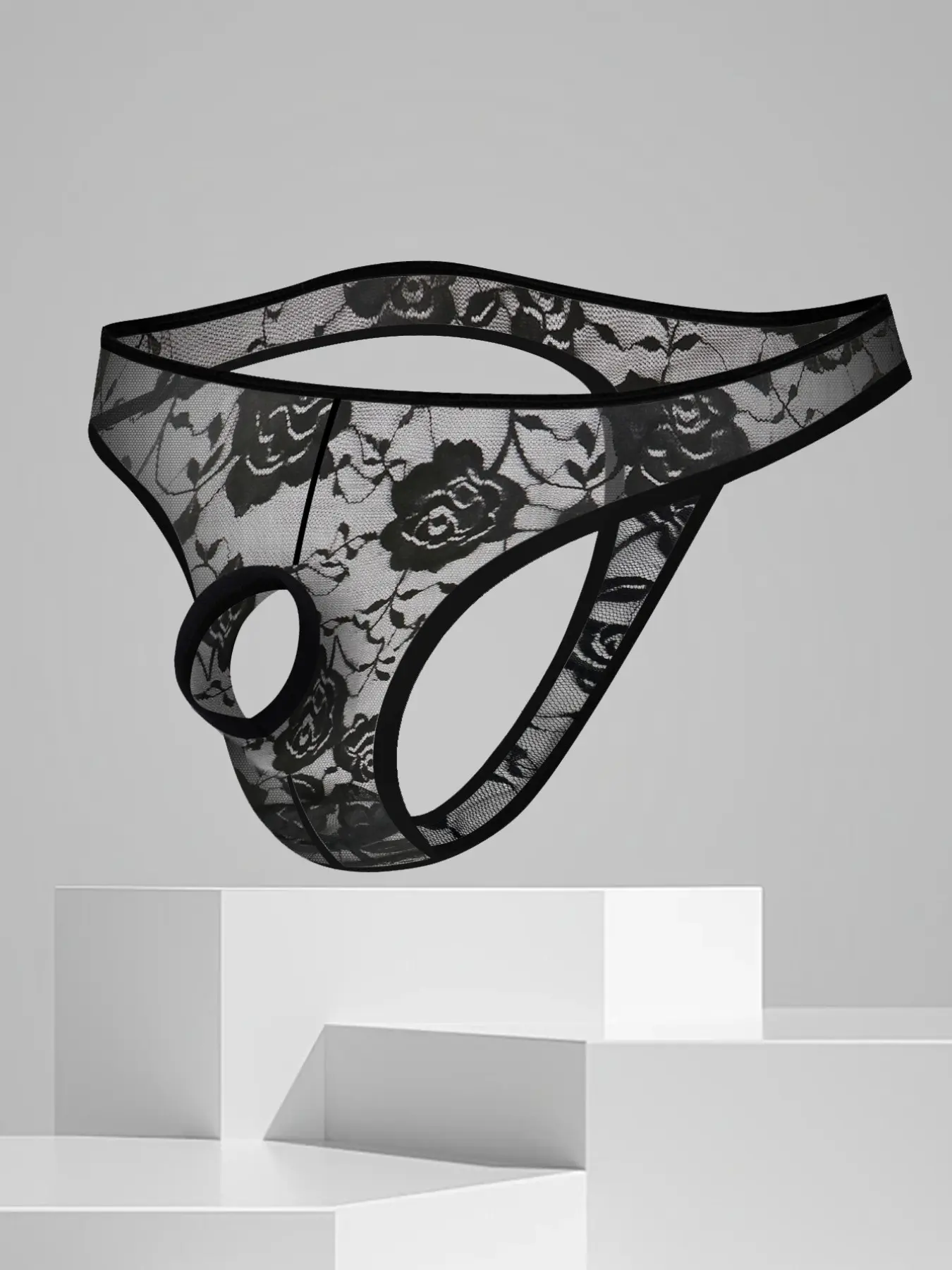 Men's Low Waist Triangle Panties, Sexy Mesh See-Through Embroidered Design, Hollow Out Front Open Crotch Underwear, French Cut Underwear, Low Rise Underwear, 1 Piece