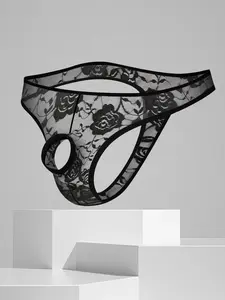 Men's Low Waist Mesh Underwear, Sexy Embroidered Design, Hollow Out Front Opening, Transparent Thong Style, Comfortable Inner Pants