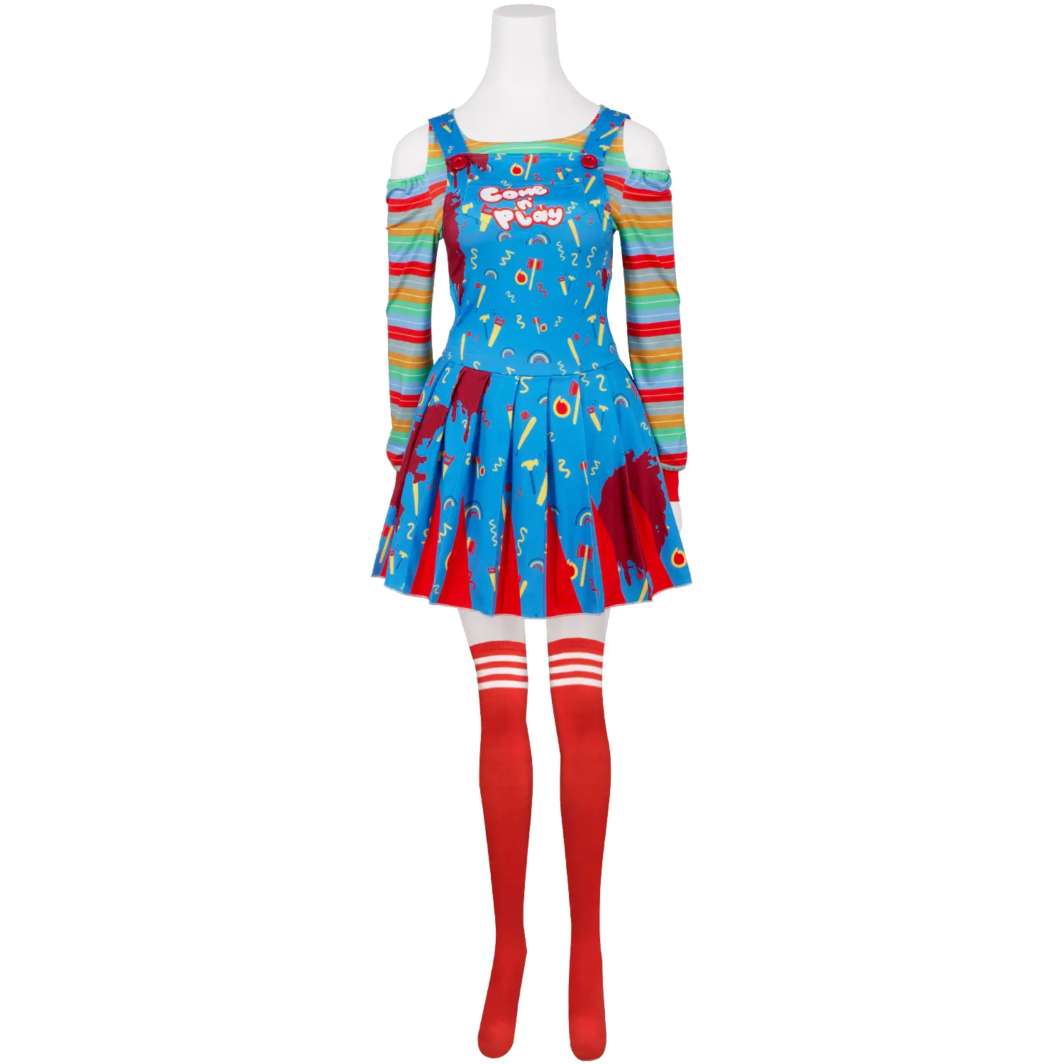 Women‘s Killer Doll Clown Costume Suspender Skirt with Rainbow Top and Stockings for Halloween