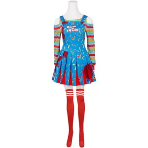 Women‘s Killer Doll Clown Costume Suspender Skirt with Rainbow Top and Stockings for Halloween