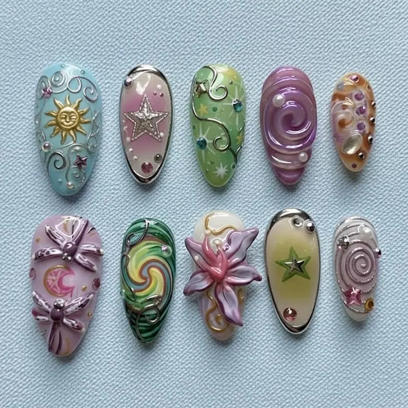 Handmade Celestial Fantasy Press On Nails 3D Lily Dragonfly And Star Pop