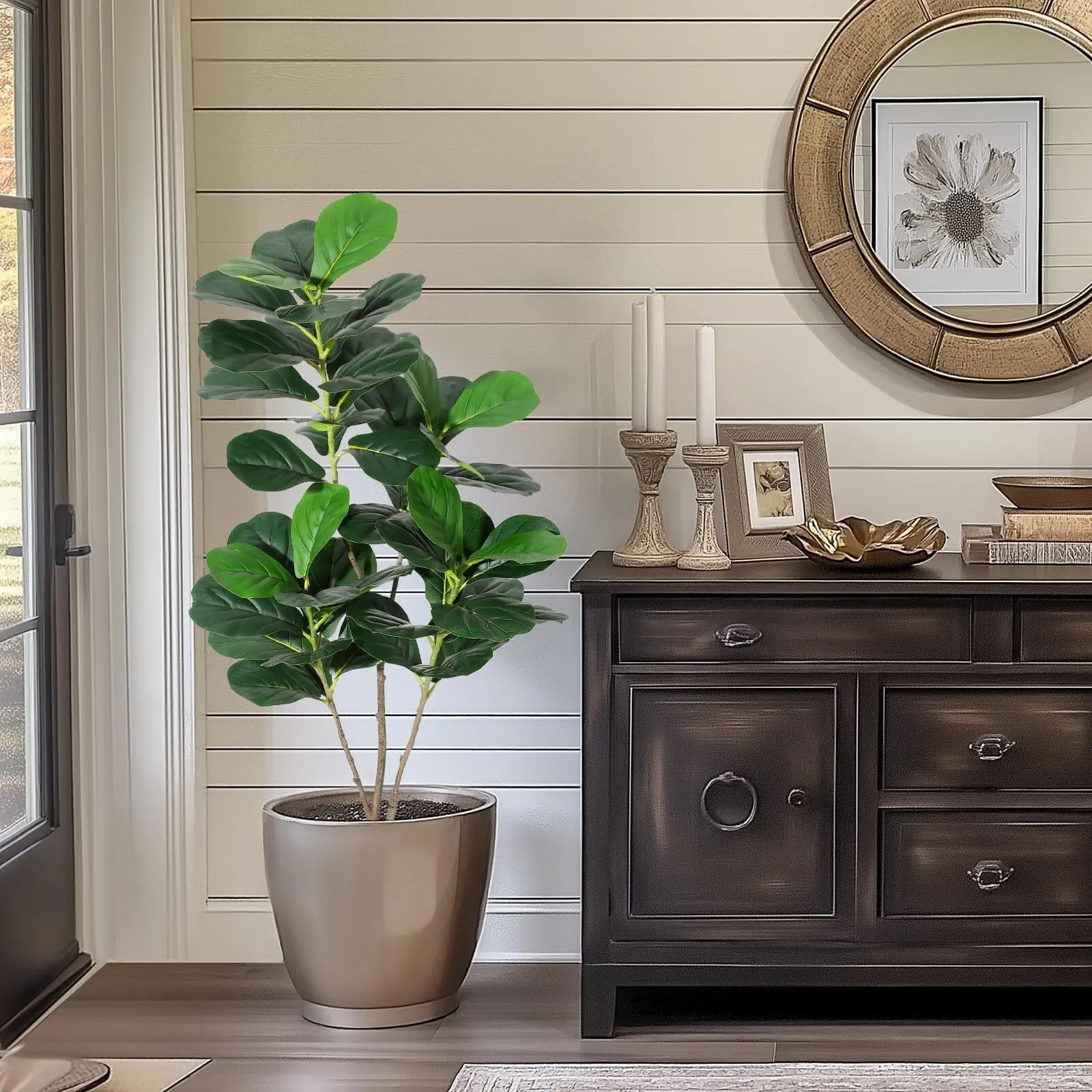120 cm Artificial Plants, Artificial Fiddle Fig Tree with White Pot, Artificial Tree, Large Fake Plants, Artificial Plants for Indoor and Outdoor Use, Room, Bedroom, Home Decor