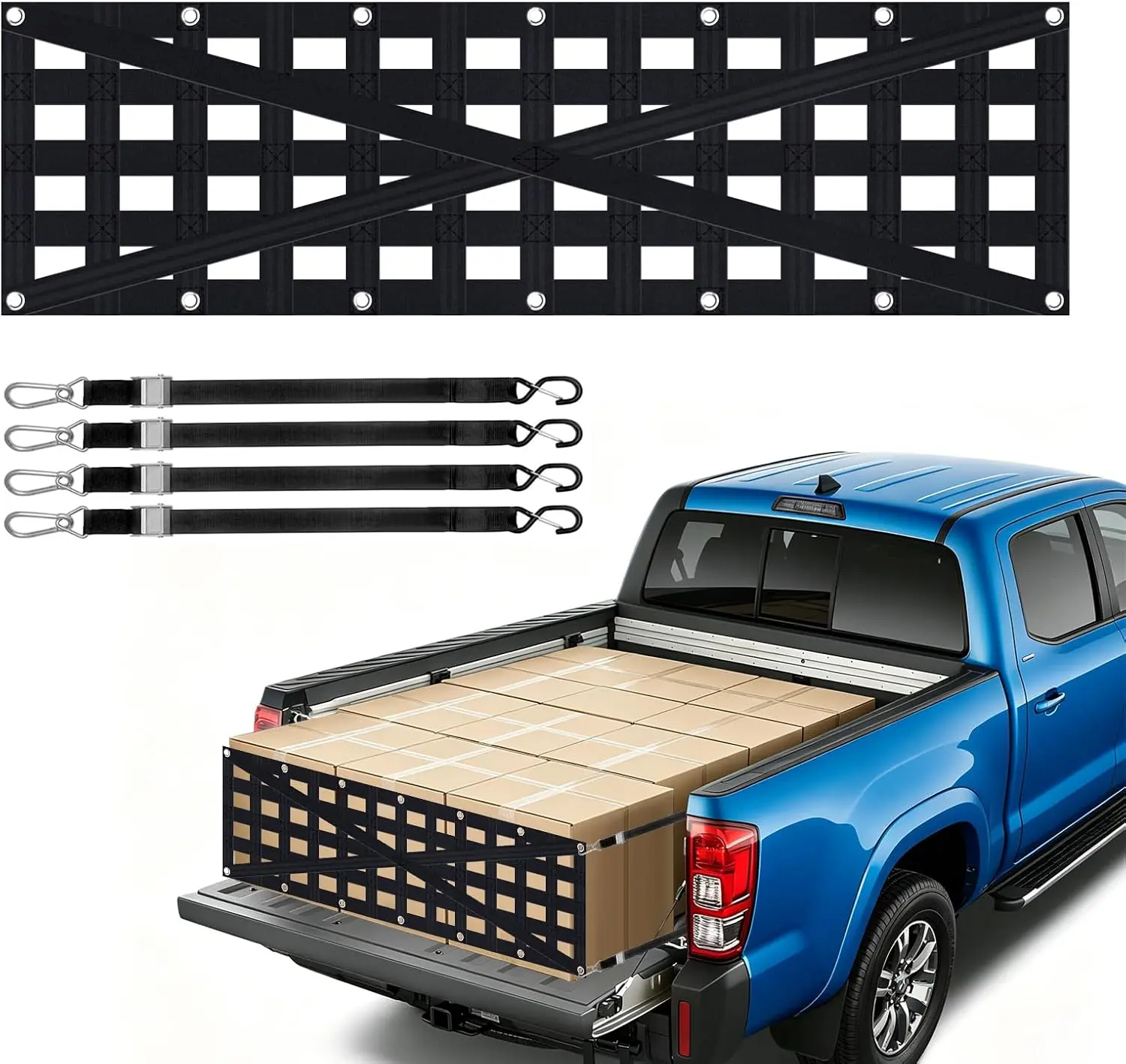 Heavy Duty Tailgate Cargo Net, Truck Bed Extender with 4 Adjustable Buckle Straps, 60"x18", for Trailer, Pickup, Boat & SUV