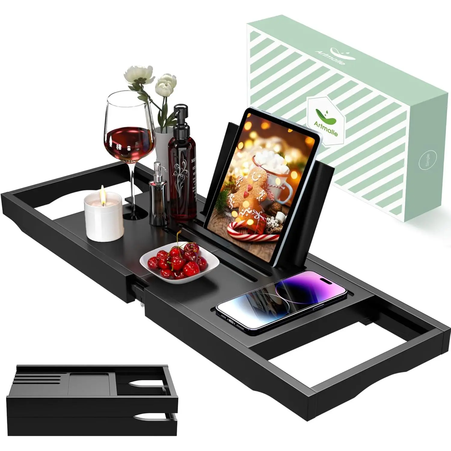 Expandable Bamboo Bath Caddy Tray - Semi-Simple Black Modern Functional Bathtub Tray with Foldable Book Stand, Home Bathroom Gadget for Relaxation and Spa Time, Bamboo(Semi-Simple)