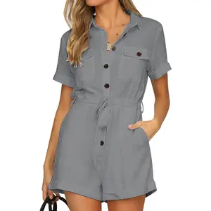 Women'S Summer Short Sleeve Button down Pockets Belted Jumpsuits Rompers