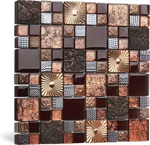 Red  Colors Glass Tile 2'' x 2'' Leaf Carving Imprints Antique Mosaics Textured Rose  Metal Kitchen Bathroom Walls Backsplash Tiles (Pack of 5 Square )
