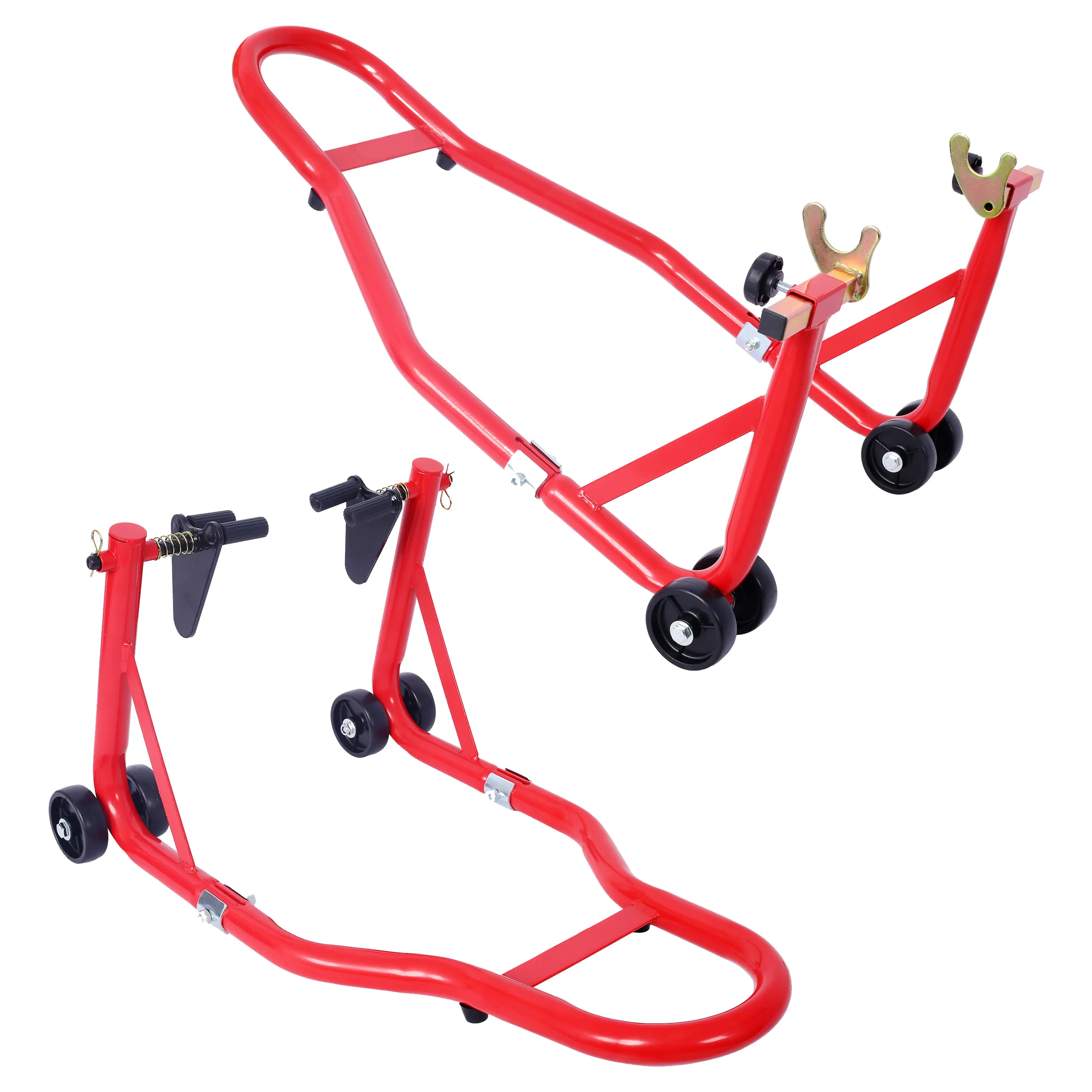 Adjustable Steel Frame Motorcycle Paddock Stand, 1000 lbs High Load Cap., 4 High-Quality PP Wheels Incl., Triangle Base, Swingarm Fitment, Nonslip, Kawasaki Sport Bikes Front/Rear Lift, Adjustable Size (7.90-9.25 in/8.50-13.60 in), Black & Red, Corrosion