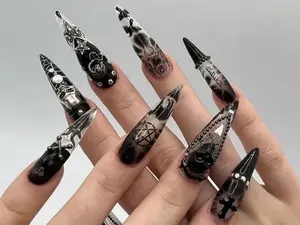 Gothic for Halloween Press On Nails, Black And Silver Gothic Acrylic Nails, Y2K Aesthetic Gothic Acrylic Nails, Skulls, Crosses