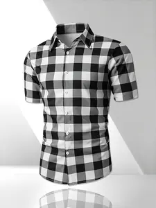 Men's American Vintage Plaid Gingham Checkered Shirt, Short Sleeve Collared Irregular Pattern Design, Summer Casual Commute Slim Fit Shirt