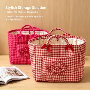 Red grid storage basket with pockets, stitched construction, wear-resistant design, large capacity, partitioned compartments—ideal for desktop vanity and dorm clutter organization