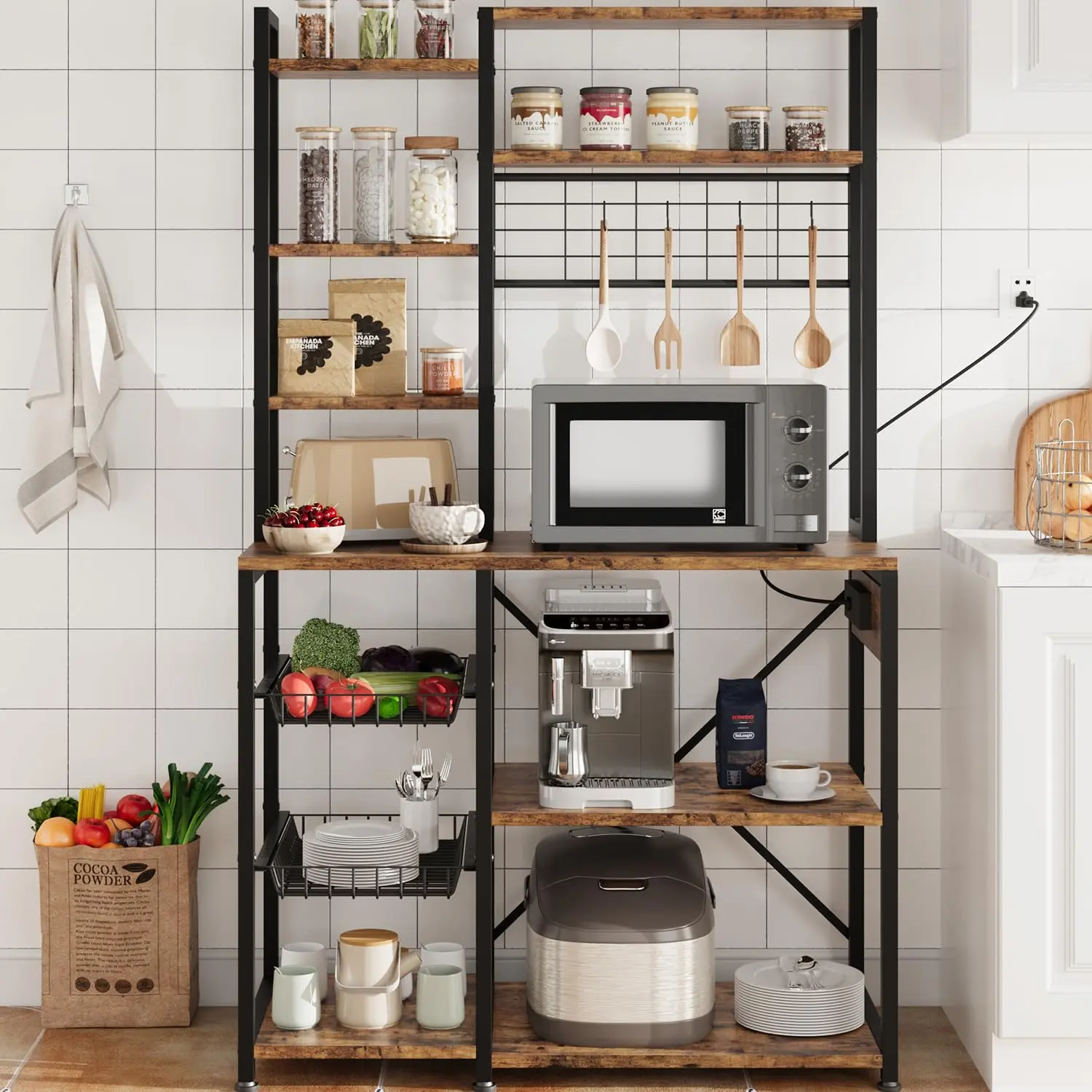 GARVEE Bakers Rack with Power Outlet: Stylish and Functional Kitchen Storage with 2 Wire Baskets, 7-Tier Design, and Spacious Open Shelves for Organizing Spices, Pots, and Appliances in Rustic Brown or Gray.