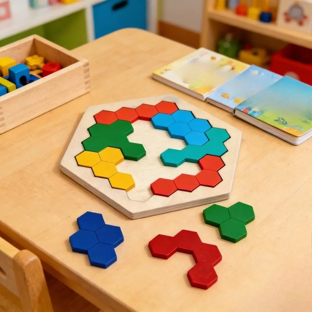 1PC Hexagonal Wooden Puzzle - Colorful Geometric Tangram Brain Teaser, Desktop Educational Toy for Concentration Training, Parent-Child Interactive Board Game Gift, Unisex