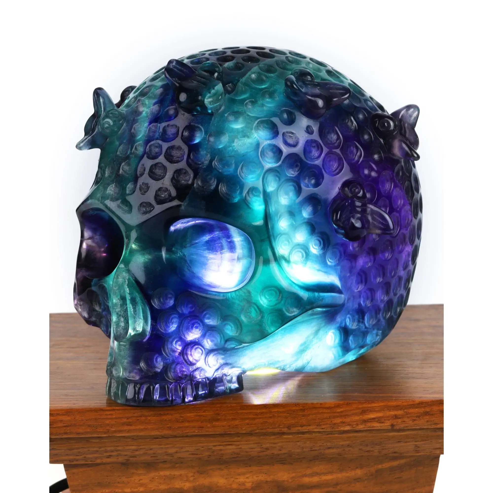 5.1" Natural Fluorite Hand-Carved Honeycomb Hollow Skull & Bees Sculpture Lamp, Decorative Crystal Healing Light #4815108
