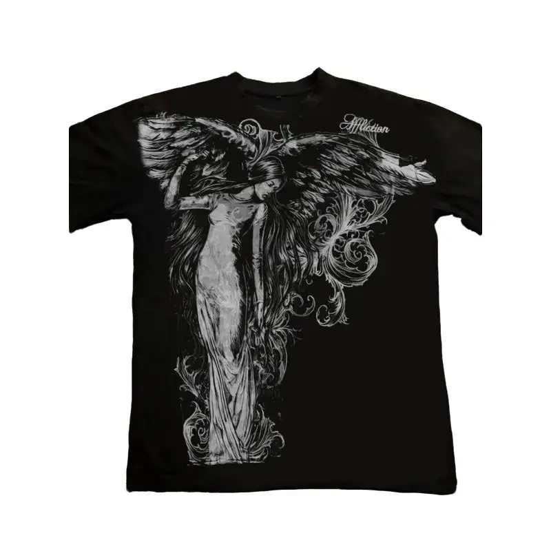 Affliction Dark Angel Print Short Sleeve T-Shirt, Casual Loose-Fitting H-Type Design, Graphic Pattern Long Clothing indiana outfit