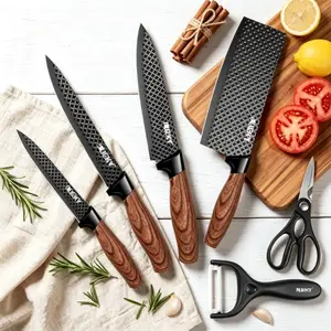 【DealsForYou】6 Piece Chef Knife Set, Black Kitchen Knife Set with Sharp Meat Knives, Non-Stick Stainless Steel, Wood Handle, Chef Knife, Small Cleaver, Meat Cleaver, Paring Knife
