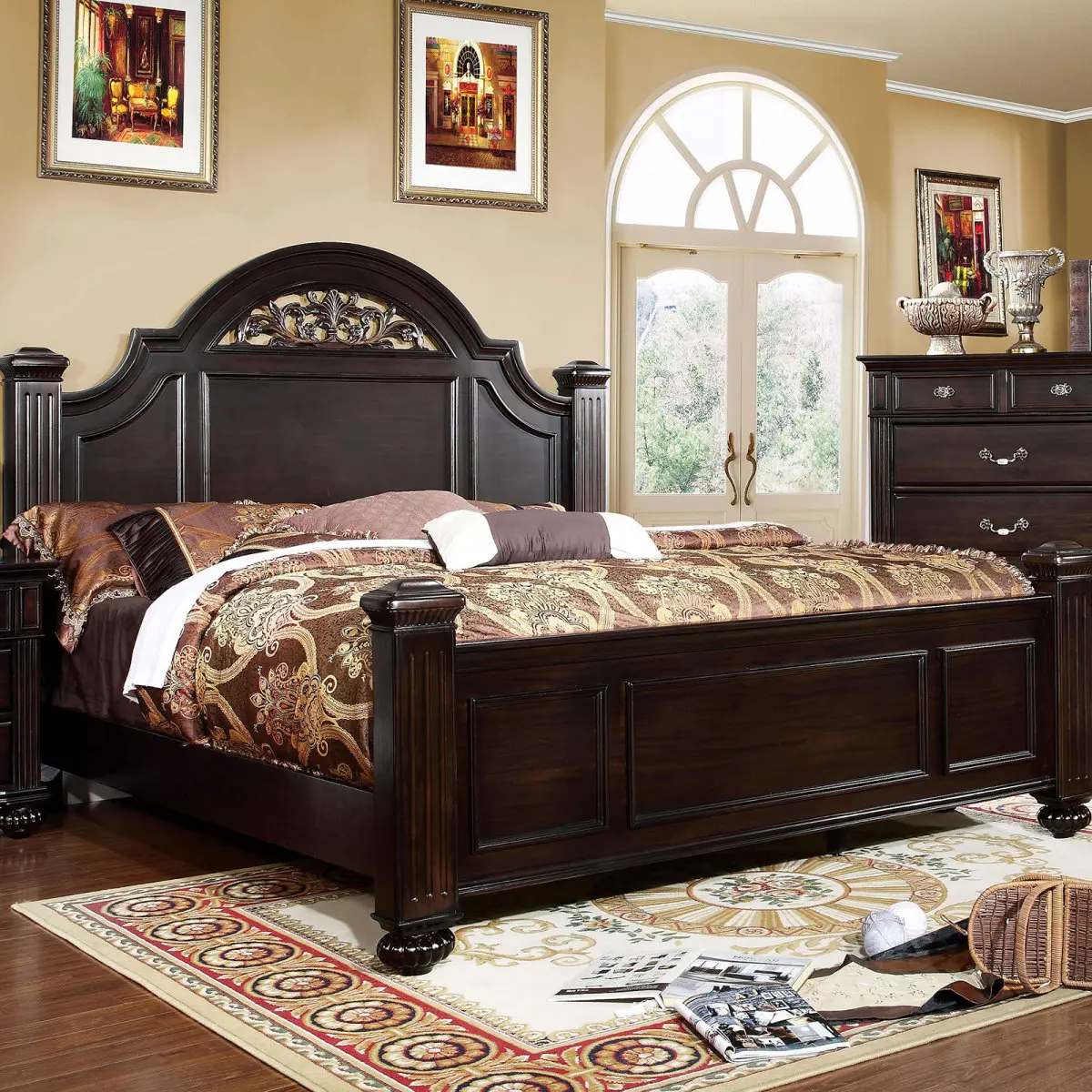 [Bellemave](3 packages)California Queen/ King Size Bed 1pc Contemporary Style Dark Walnut Bedroom Furniture Formal Floral Design in Headboard On-Site