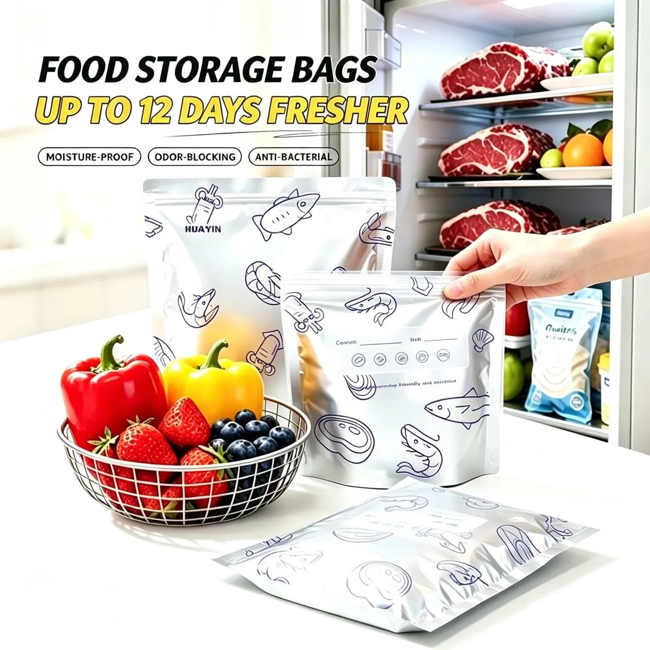 [Refrigerated Food] Reusable Pure Aluminum Foil Storage Bags - 2026 New Resealable Vacuum Zipper Bags with Labels, Upright Design, Suitable for Vegetables, Meats