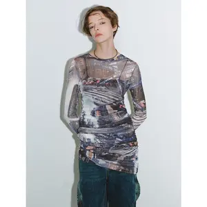 URBAN REVIVO 2026 Women's Chic Printed Round Neck Long Sleeve Skinny Dress - Polyester Blend Thin Fabric, Casual Wear