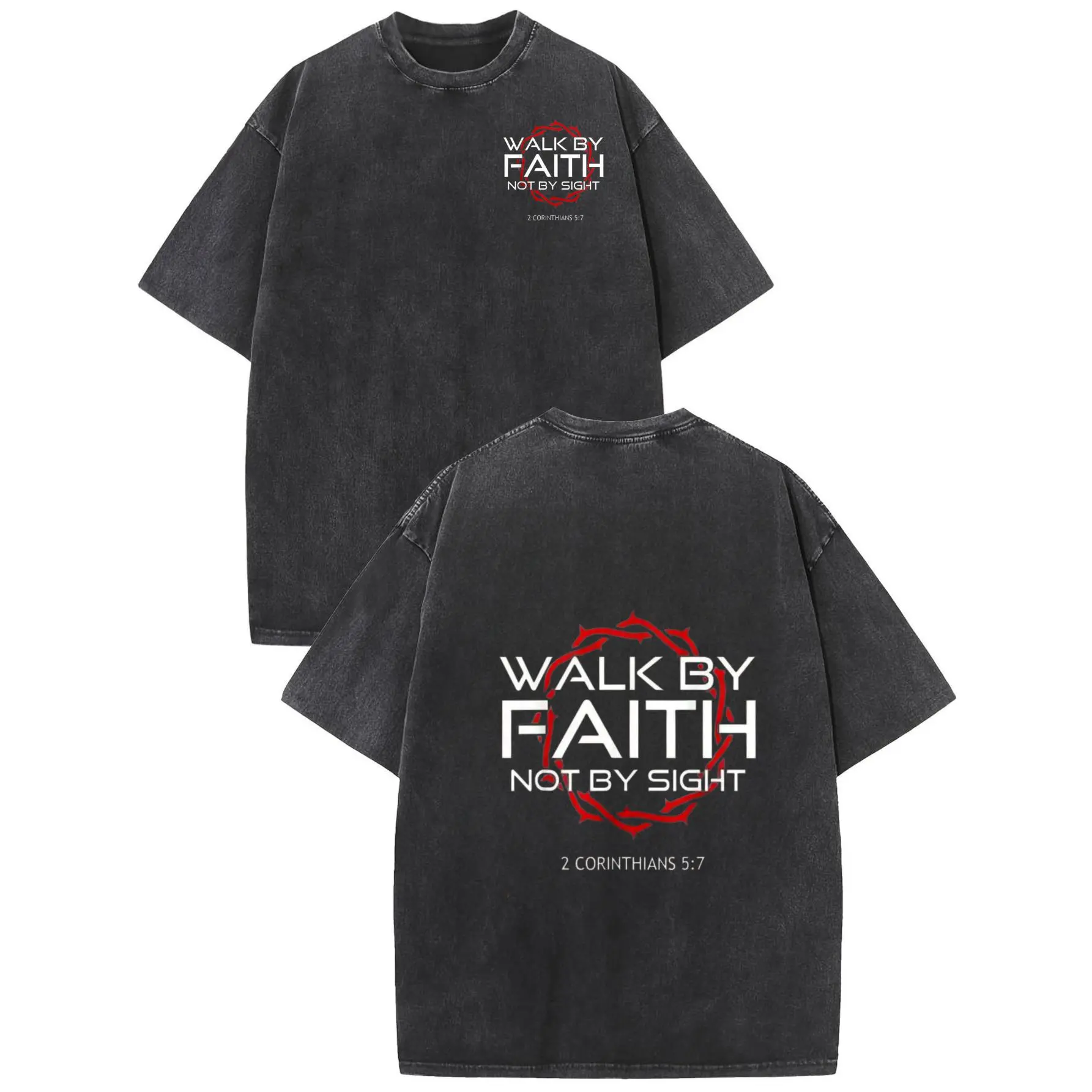 Men's Graphic Print T-Shirt, Lightweight Oversized Washed Cotton Streetwear, Religious Faith Quote 2 Corinthians 5:7