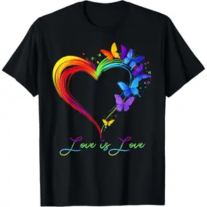 Rainbow Love is Love LGBT Gay Lesbian Pride Butterfly Heart T-Shirt