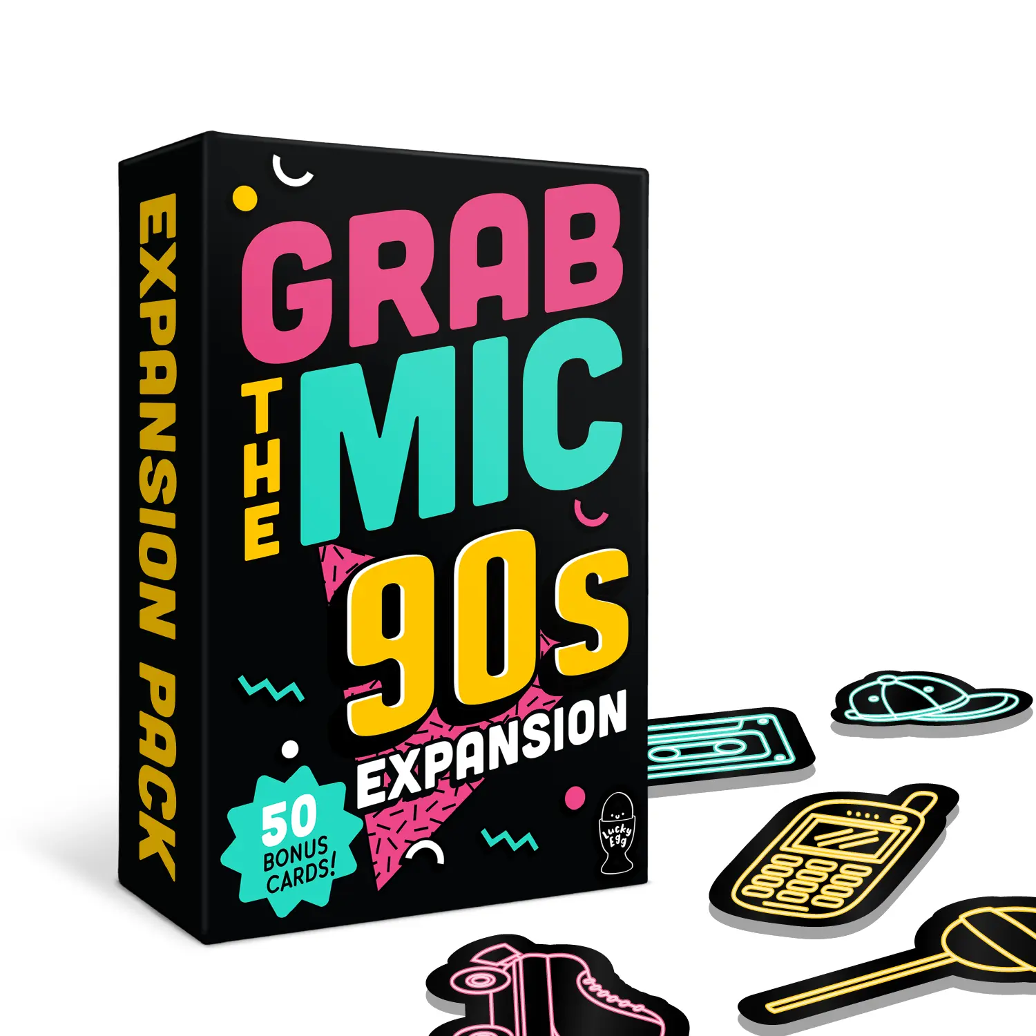 Grab The Mic 90s Expansion Pack (50 Cards) - Base Game Required, 50 Challenge Cards, 5 Player Tokens. Perfect For 90S Nostalgia Parties And Family Game Nights.