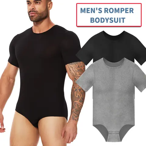 CATTIBOR Men's Stretchy Shapewear Bodysuit - Round Neck Short Sleeve Onesie, Leotard Loungewear Pajama for All Seasons (Menswear & Underwear)