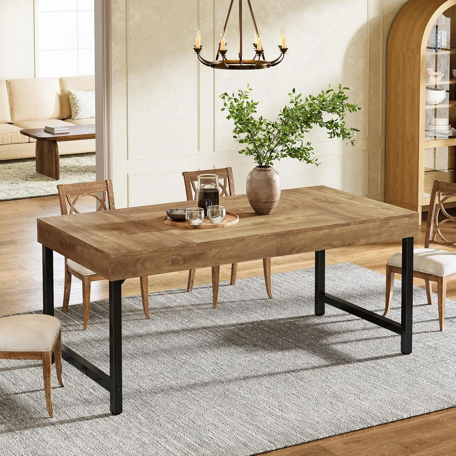LITTLE TREE Farmhouse Dining Table for 4-6 People, 55 Inches Industrial Rectangular Kitchen Dinner Table with Heavy-Duty Metal Legs for Home, Dining Room, Small Space, Vintage Furniture