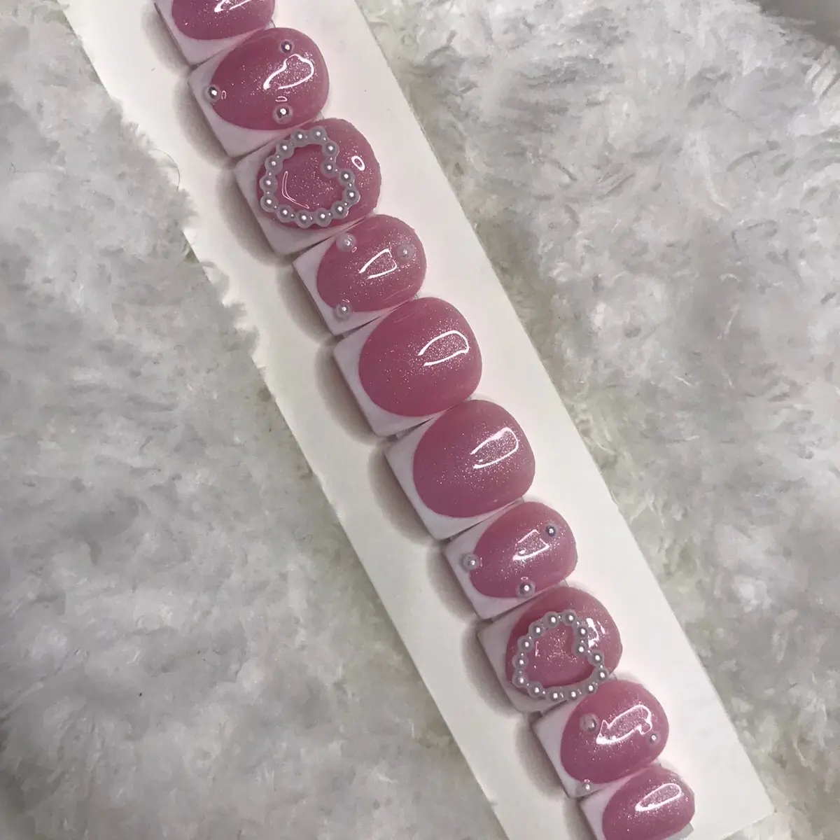 Extra Short Frenchies, Heart and Pearl Charms, Press on Nails