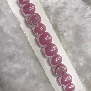 Extra Short Frenchies, Heart and Pearl Charms, Press on Nails