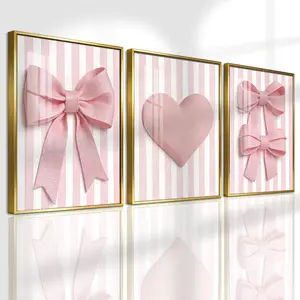 3 Counts Aluminum Alloy Framed Painting, Pink Heart And Ribbon Bows Pictures, Graphic Prints, Home Decoration Wall Decor, Odorless Print Artwork, Luxury Perfect Gift For Friends And Family