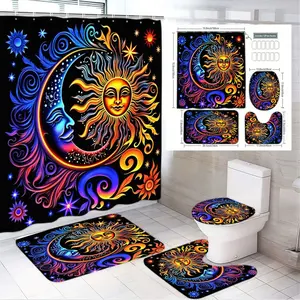 4pcs Psychedelic Cosmic Bathroom Accessories Set, Vibrant Shower Curtain & Matched Toilet Lid Cover, Sun&moon Pattern Design, The floor mat fabric is thicker and softer! Perfect for Adding a Festive Touch to Your Space