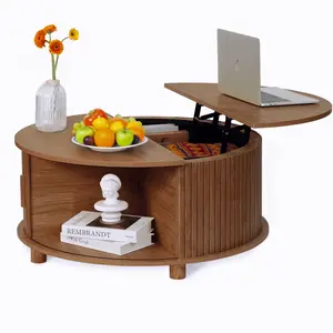 Round Lift Top Coffee Table with Storage, Mid Century Modern Center Table with 180° Sliding Tambour Door, Small Circle Wood Fluted Dining Table for Living Room, Walnut