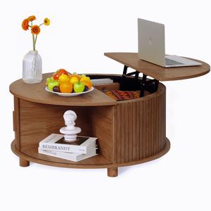 Round Lift Top Coffee Table with Storage, Mid Century Modern Center Table with 180° Sliding Tambour Door, Small Circle Wood Fluted Dining Table for Living Room, Walnut