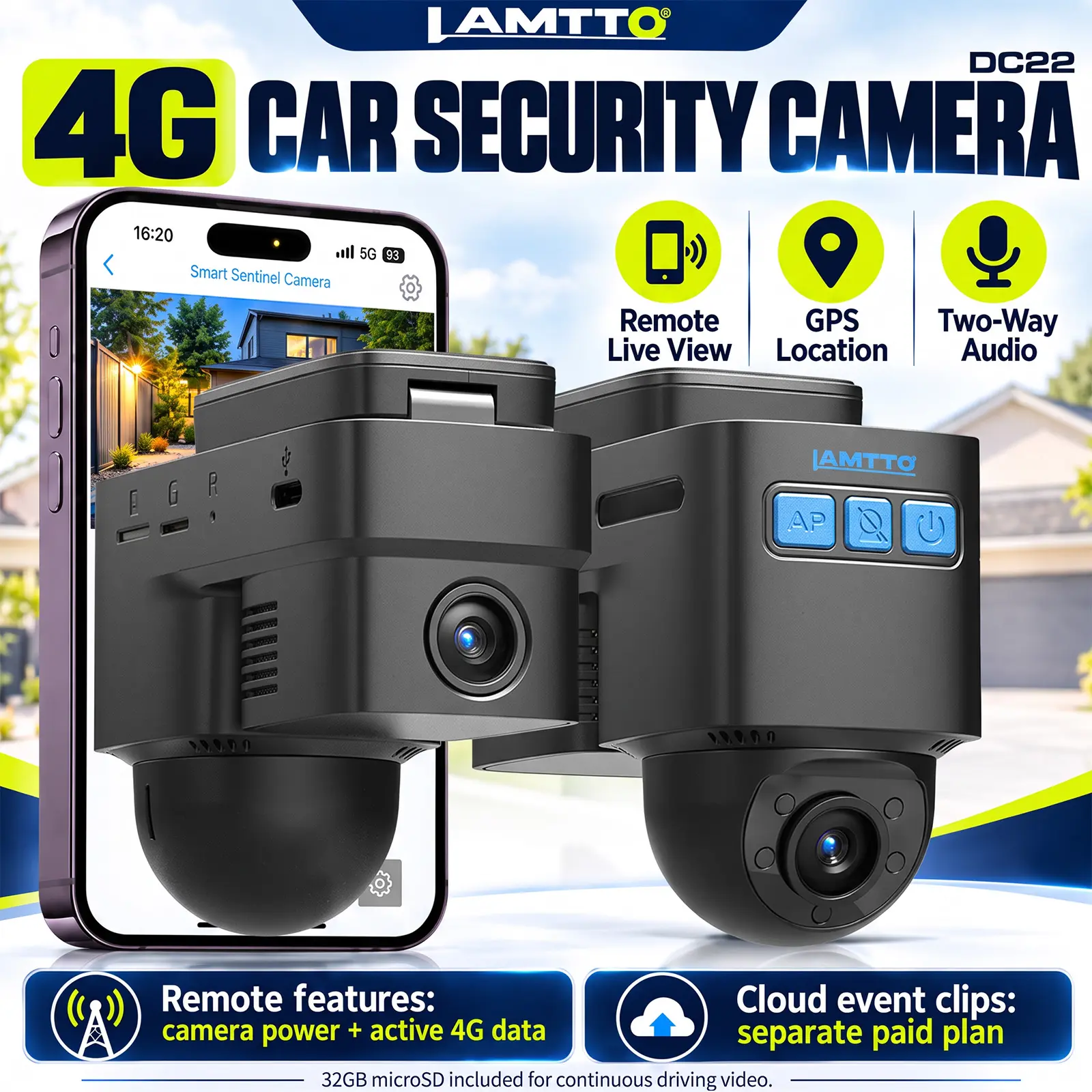 LAMTTO DC22 4G LTE Car Security Camera & Dash Cam for OBD2, 12V Passenger Cars Only, 24/7 Live View, 24/7 Support, Parking Monitoring, GPS Tracking, 2-Way Audio (Remote Features Require 4G Data)