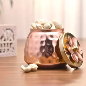 LoveNspire Handmade Hammered Copper Dry Fruits Jar with Lid - 3.4 in Multi-Size Dry Storage Container, Bowl, Steel Utensils-Ready Luxury Canister, Festive Wedding Gift Keepsake