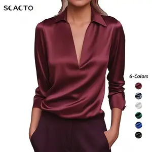 Scacto Elegant Women’s V-Neck Long-Sleeve Blouse with Satin Sheen Solid Color Formal Shirt for Spring and Autumn