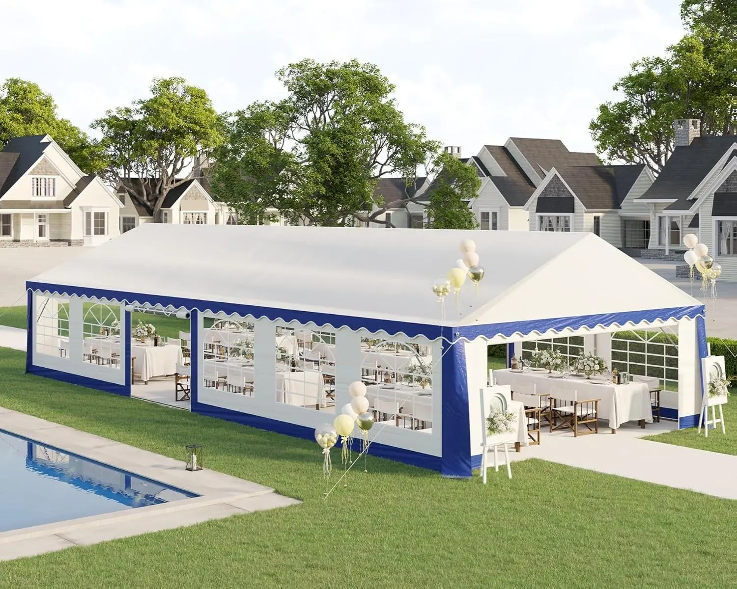 [Summerwins] [SummerFinds] AMERLIFE Party Tent with Rolled Sidewalls, Heavy Duty Wedding Tent for Party Outside with Zinc Alloy Tube & Spiral Stakes, Waterproof Event Shelters, White & Blue