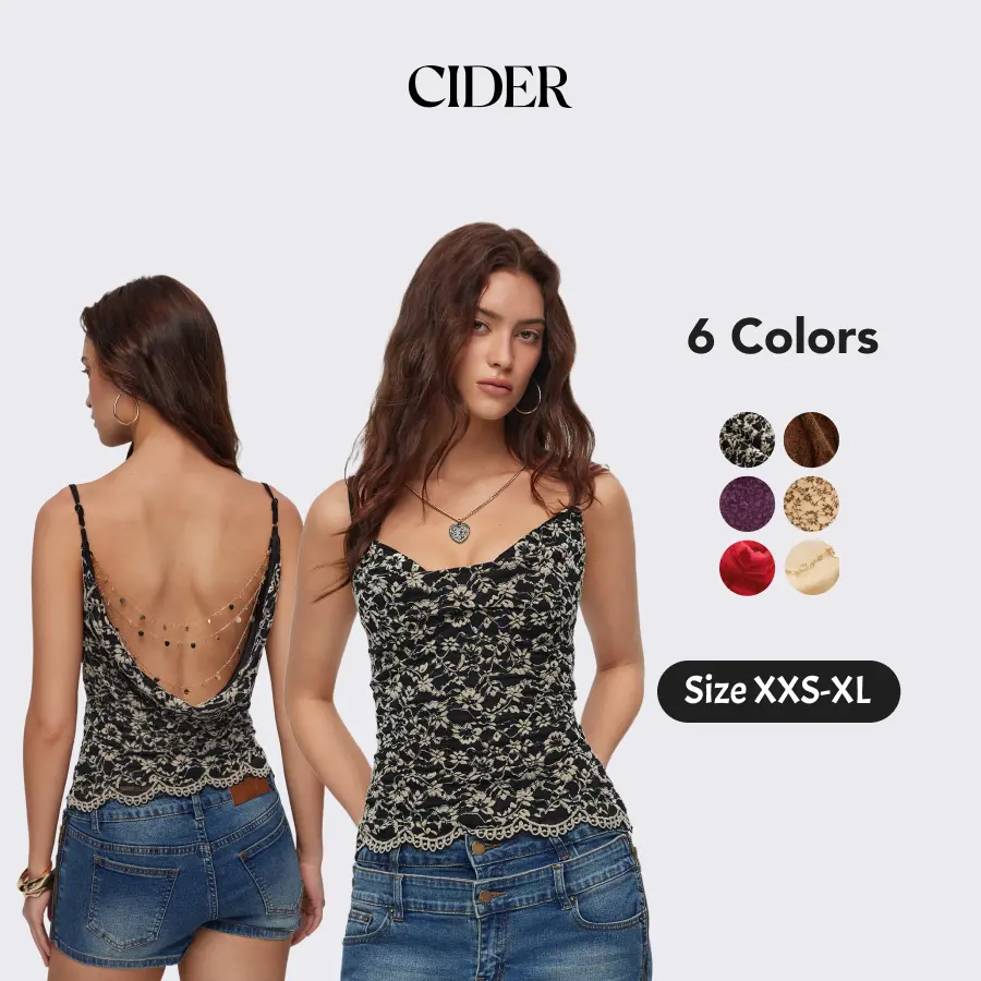 Cider Lace Cowl Neck Ruffled Backless Cami Top With Chain Cider Lace Cowl Neck Ruffled Backless Cami Top With Chain