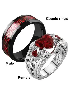 Eternal Heart Shaped Ring Set, New Ruby Rings for Men and Women, Celtic Dragon Couple Matching Rings, Wedding Anniversary Gift