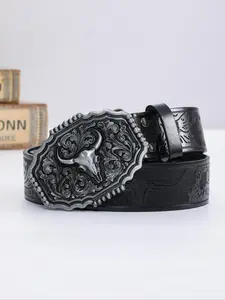 Vintage Western Style Cowboy Cowgirl Belt, Fashion Cow Head Design PU Buckle Belt for Women & Men, Casual Waistband for Jeans Trousers, Western Concho Belts, Western Belt Buckles