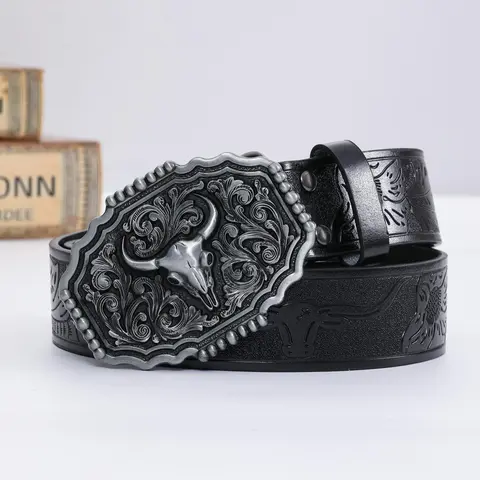 Vintage Western Style Cowboy Cowgirl Belt, Fashion Cow Head Design PU Buckle Belt for Women & Men, Casual Waistband for Jeans Trousers, Belt with Buckle, Western Concho Belts, Western Belt Buckles, Unisex Statement Belt, Jeans Waistband Accessory