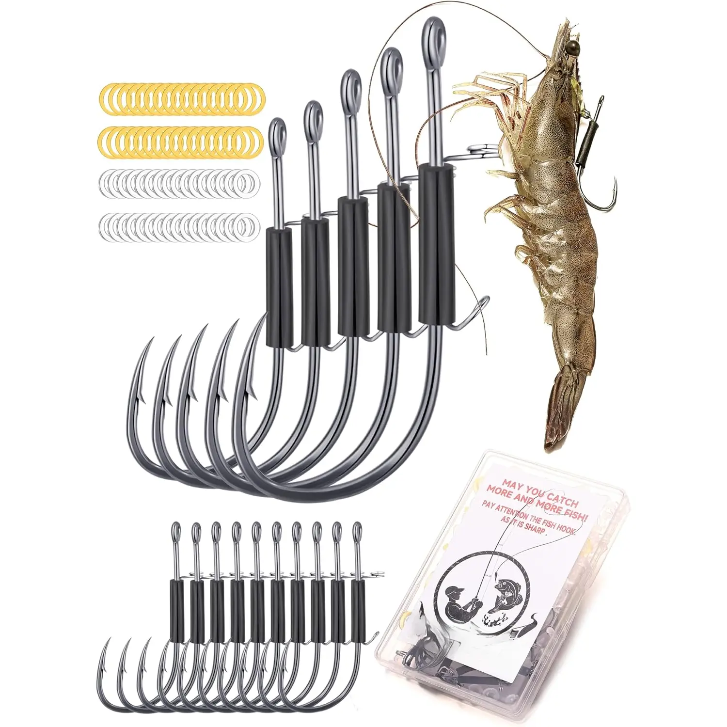 HahZen SPORT Durable Carbon Steel Barbed Hooks - 4 Sizes Large Set (4/0*15pcs), 15 Hooks/40 Packs, Saltwater Live Shrimp Hooks with Shrimp Clamp, Spring Tip, 2 Sizes of Rubber Bands, Secure Terminal Tackle for Catfish, Bass